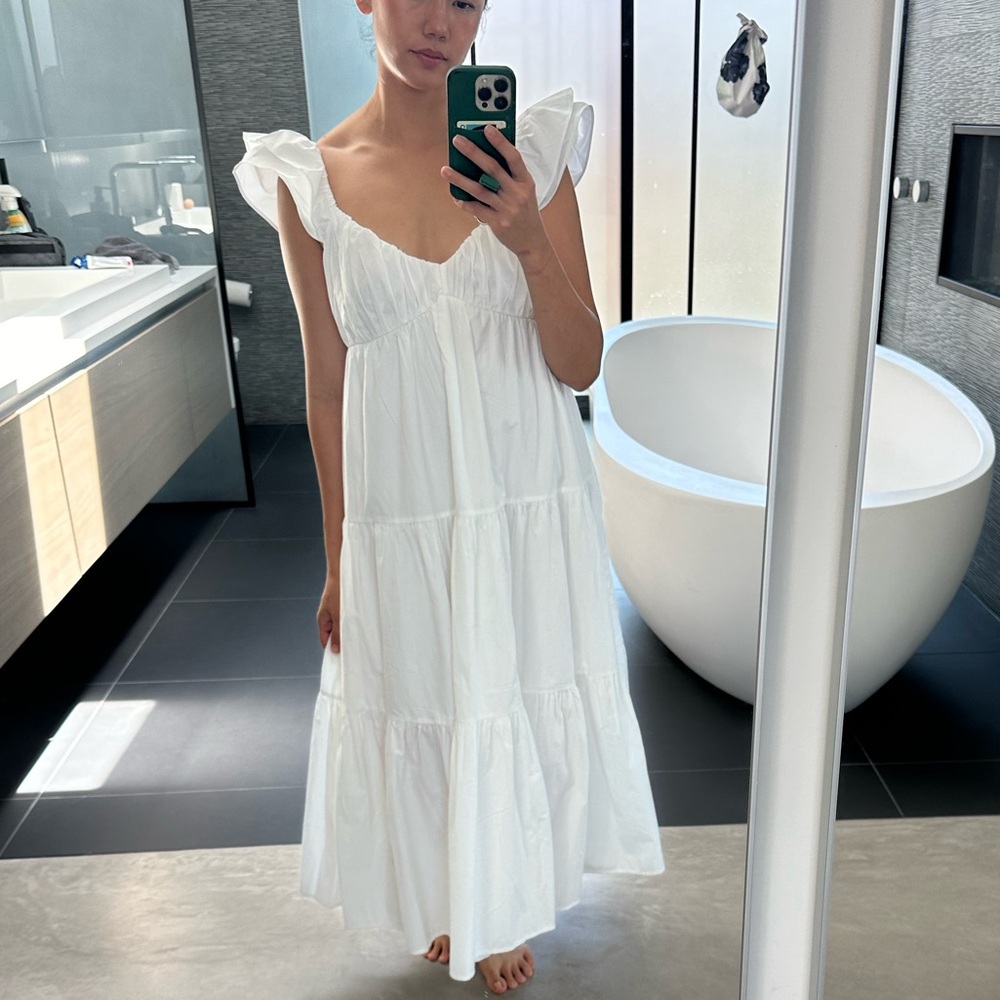 Abercrombie & Fitch White Tiered Maxi Dress with Ruffle Shoulders